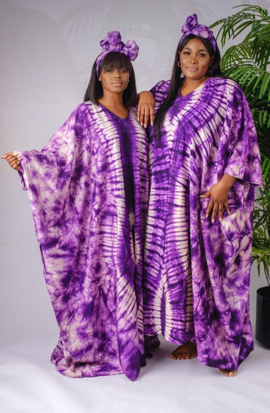 Purple Adire Silk Tie-dye Bubu Dress Rich Aunty Vibes by Eldimaa Fashion