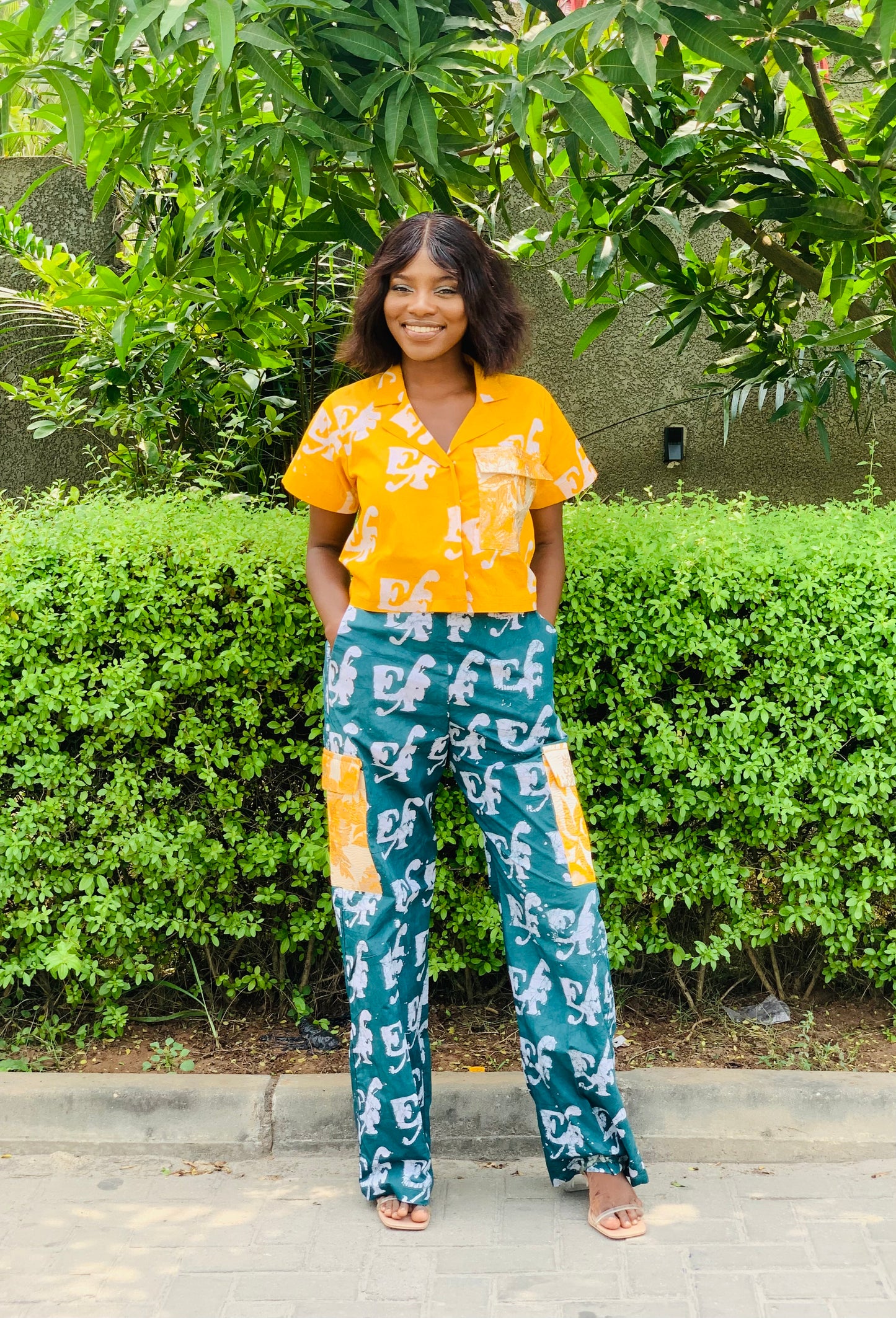 EF Exclusive Adire Print 2 Piece Crop Shirt & Cargo Pants Trousers