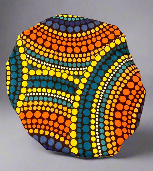 The Buki Ankara African Print Satin Sleeping Bonnet in Yellow, Orange & Blue by Eldimaa Fashion
