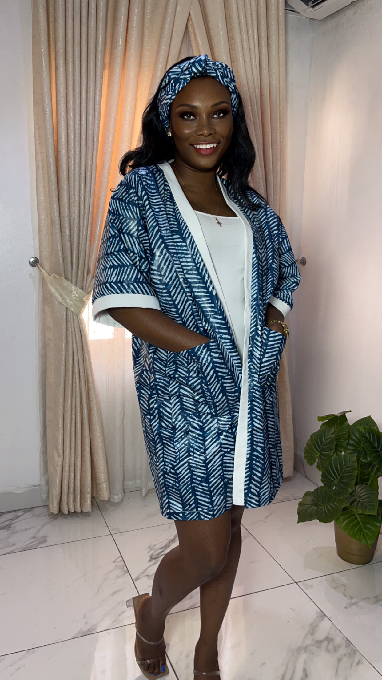 African Print Adire & Silk Aso Oke Kimono Jacket in Teal Blue by Eldimaa Fashion