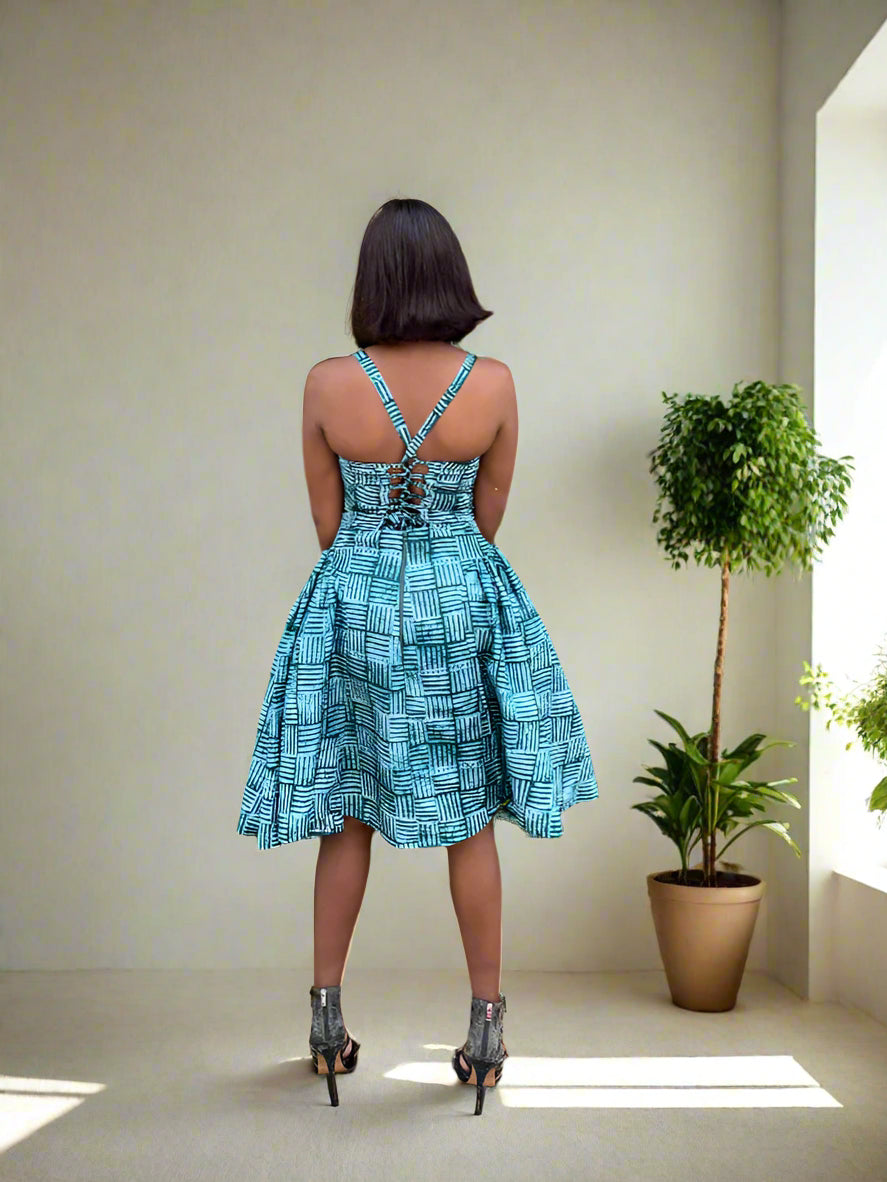 Green Etini Ankara African Print Mini Dress with Pleated Hips & Corset Back