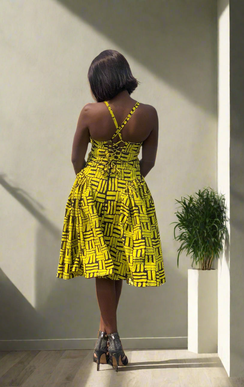 Yellow Etini Ankara African Print Mini Dress with Pleated Hips & Corset Back