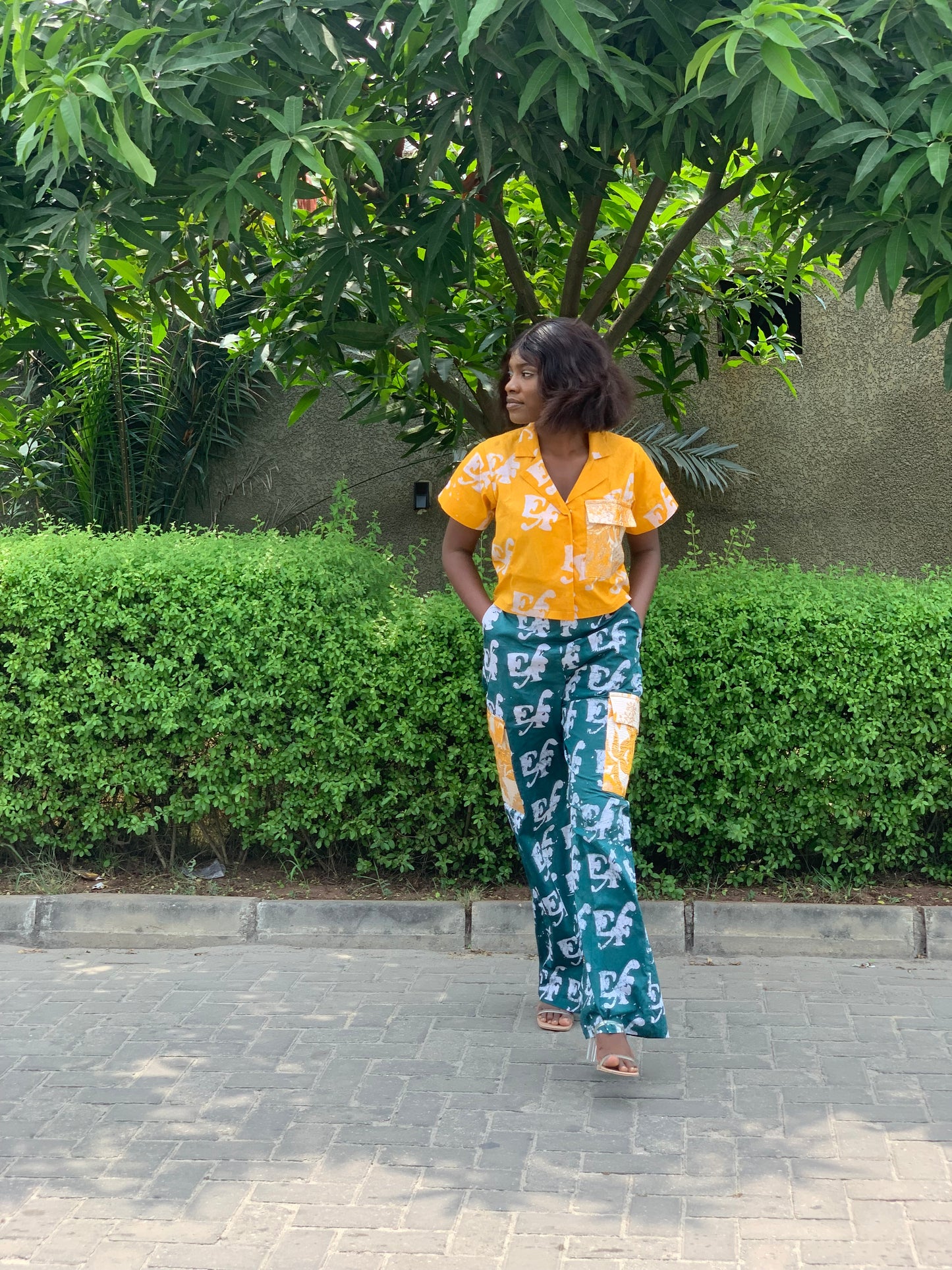 EF Exclusive Adire Print 2 Piece Crop Shirt & Cargo Pants Trousers