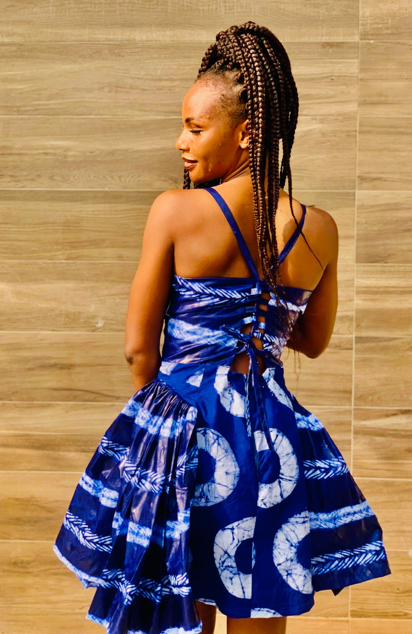 The Etini Ankara African Print Mini Dress with Pleated Hips & Corset Back in Blue  by Eldimaa Fashion
