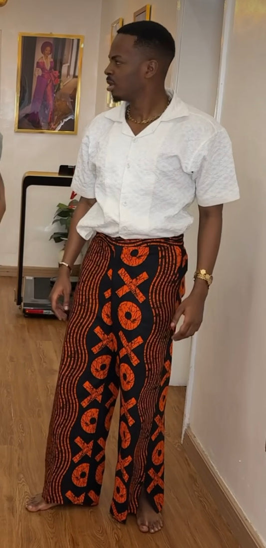 Orange Unisex XO Ankara African Print Crago & Aso-Oke Trousers Pant
