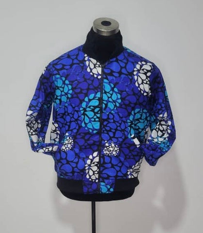 The Toye Ankara African Print Bomber Jacket in Blue in by Eldimaa Fashion