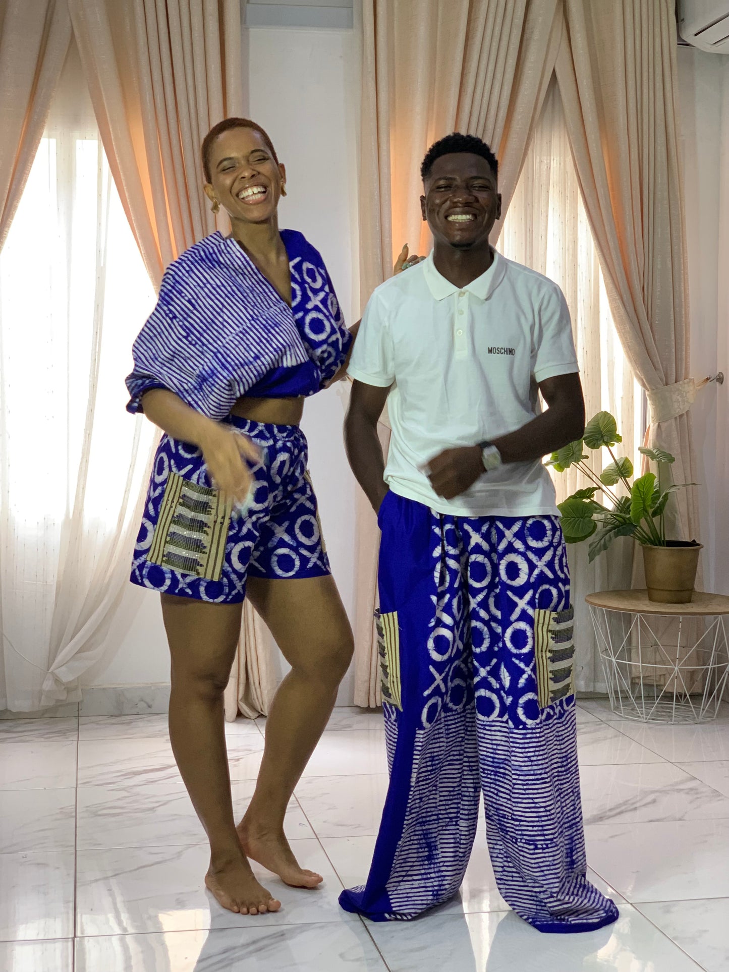 The Asake Ankara African Print Set: Top, Shorts & Crago with Aso-Oke Trousers Pant in Blue