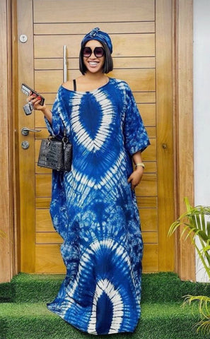 Blu Adire Silk Tie-dye Bubu Dress Rich Aunty Vibes by Eldimaa Fashion
