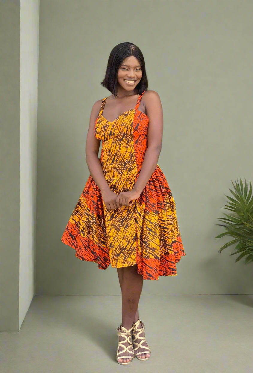 Orange Etini Ankara African Print Dress with Pleated Hips & Corset Back