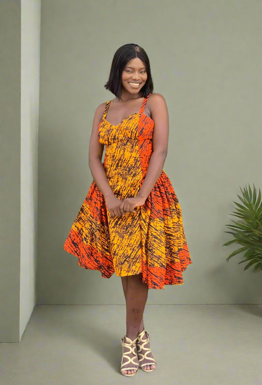 Orange Etini Ankara African Print Dress with Pleated Hips & Corset Back