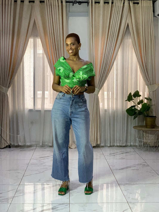 The Irawo African Print Ankara Infinity Multi Wrap Crop Top in Green by Eldimaa Fashion