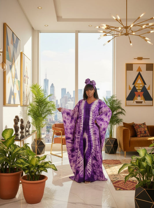 Purple Adire Silk Tie-dye Bubu Dress Rich Aunty Vibes by Eldimaa Fashion