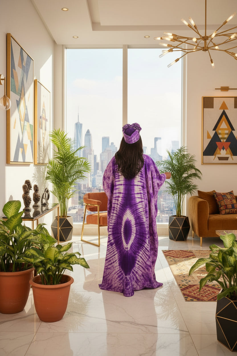 Purple Adire Silk Tie-dye Bubu Dress Rich Aunty Vibes by Eldimaa Fashion