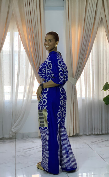 The Asake Ankara African Print Set: Top, Shorts & Crago with Aso-Oke Trousers Pant in Blue
