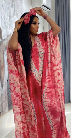 Pink Adire Silk Tie-dye Bubu Dress Rich Aunty Vibes by Eldimaa Fashion
