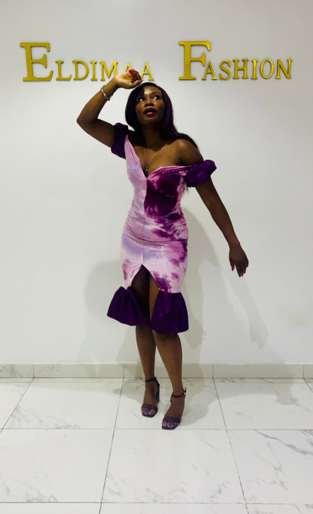 The Ewa Adire Tie Dye Lycra Bodycon Midi Dress in Violet Purple by Eld Eldimaa Fashion The Ewa Adire Tie Dye Lycra Bodycon Midi Dress in Violet Purple by Eld Eldimaa Fashion