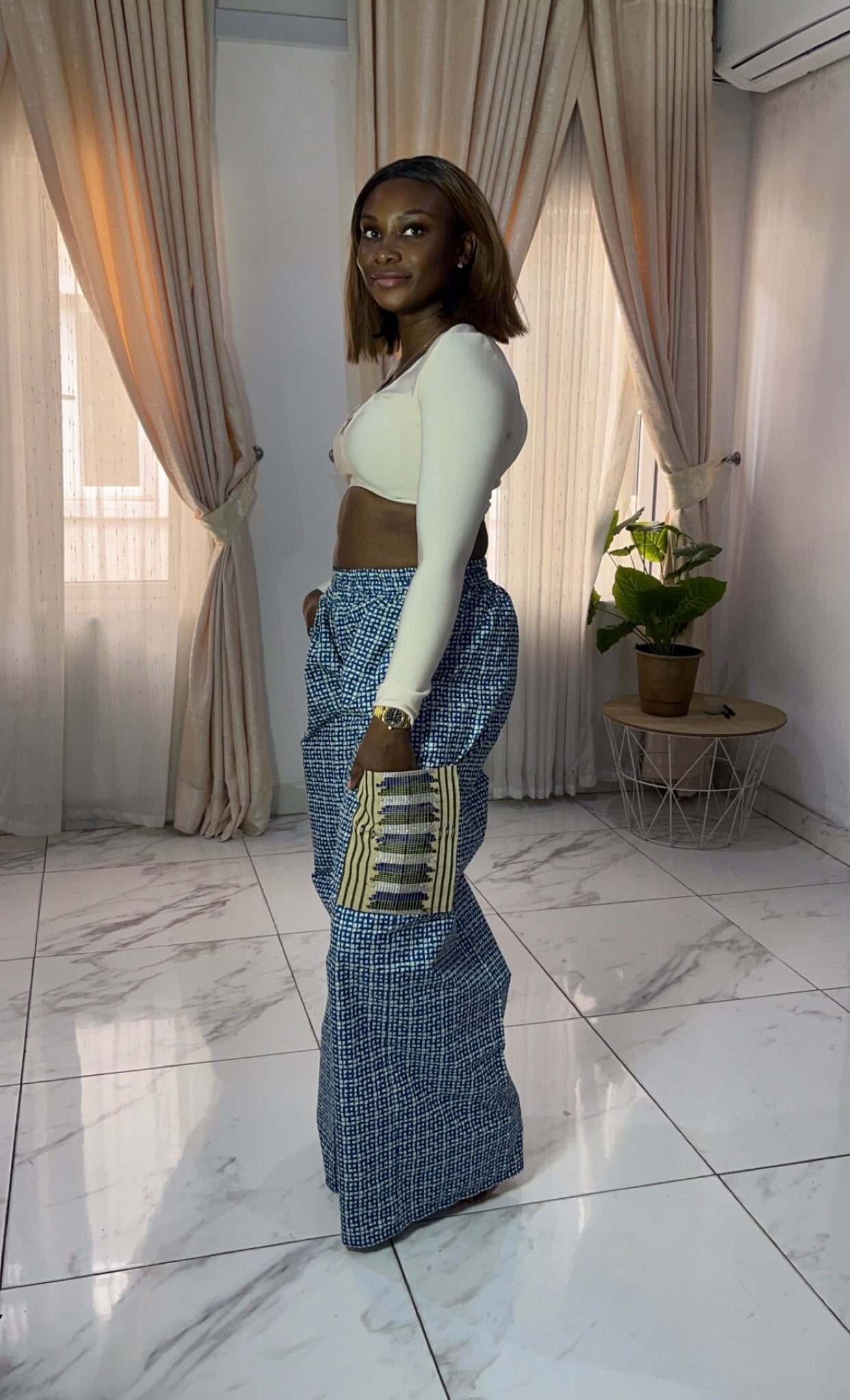 Unisex- The Asake Ankara African Print Crago & Aso-Oke Trousers Pant in Blue