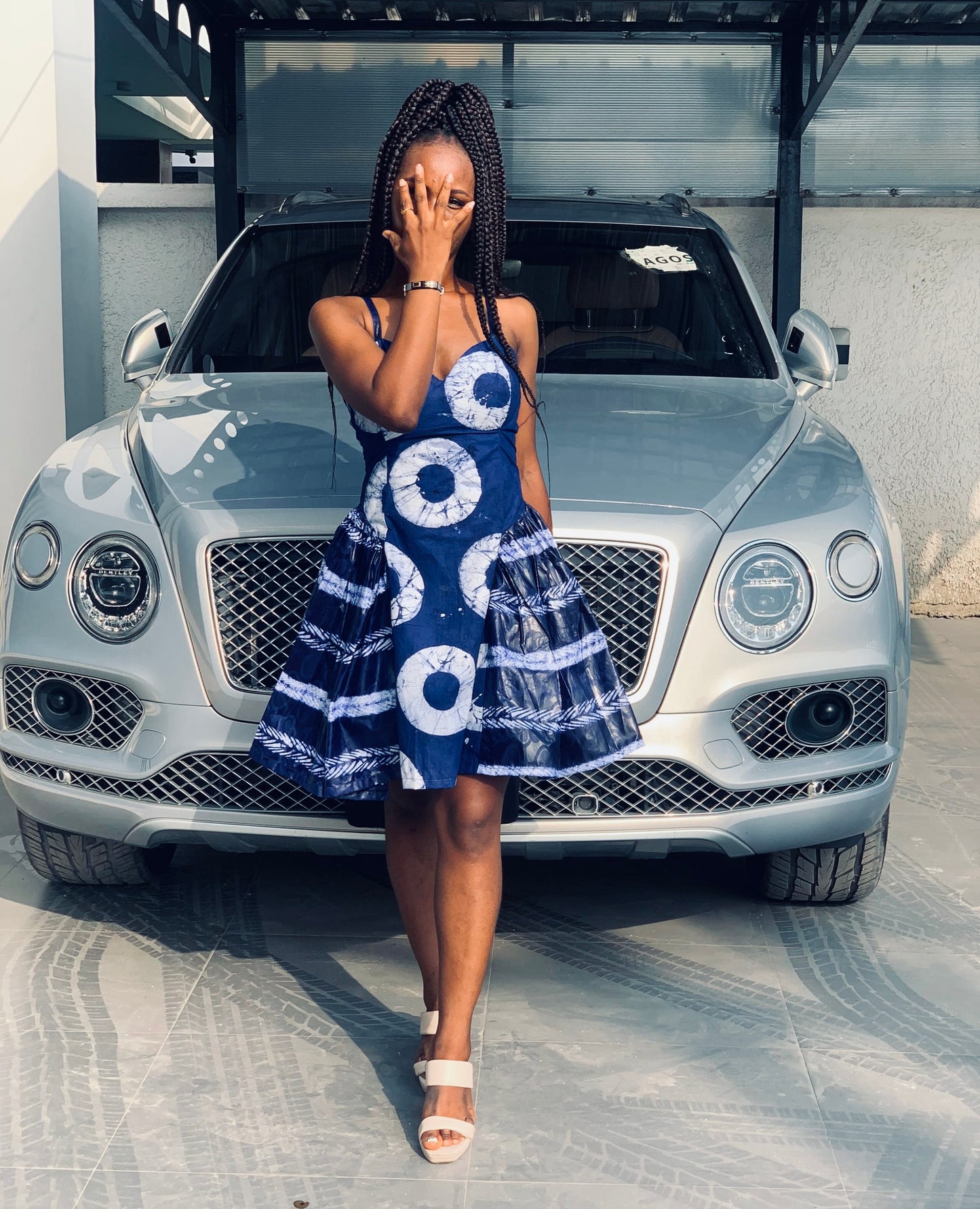 The Etini Ankara African Print Mini Dress with Pleated Hips & Corset Back in Blue  by Eldimaa Fashion