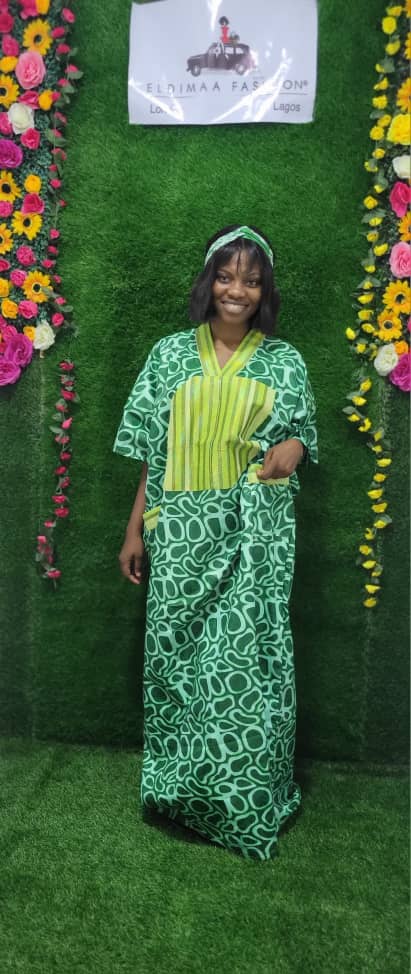 Green African Print Ankara and Aso-Oke Rich Aunty Bubu Long Dress