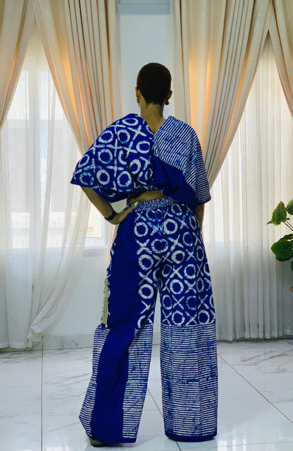 The Asake Ankara African Print Set: Top, Shorts & Crago with Aso-Oke Trousers Pant in Blue