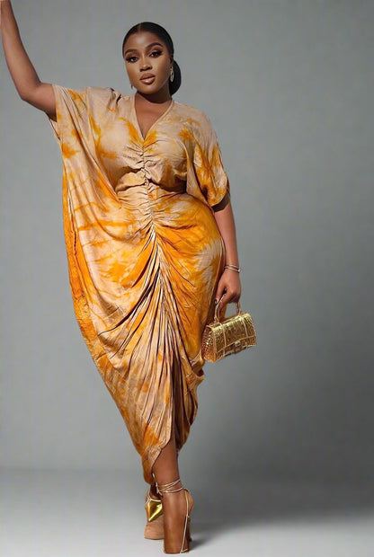 Yellow Adire Silk Tie-dye Bubu Dress Rich Aunty Vibes by Eldimaa Fashion