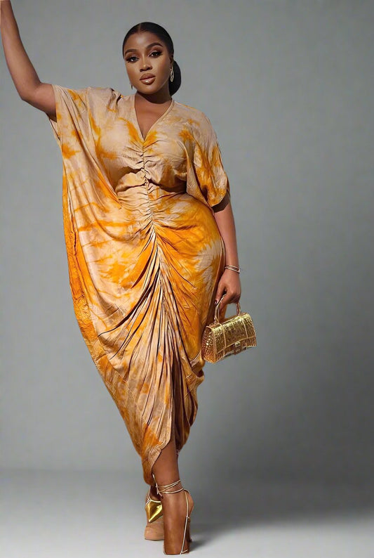 Yellow Adire Silk Tie-dye Bubu Dress Rich Aunty Vibes by Eldimaa Fashion
