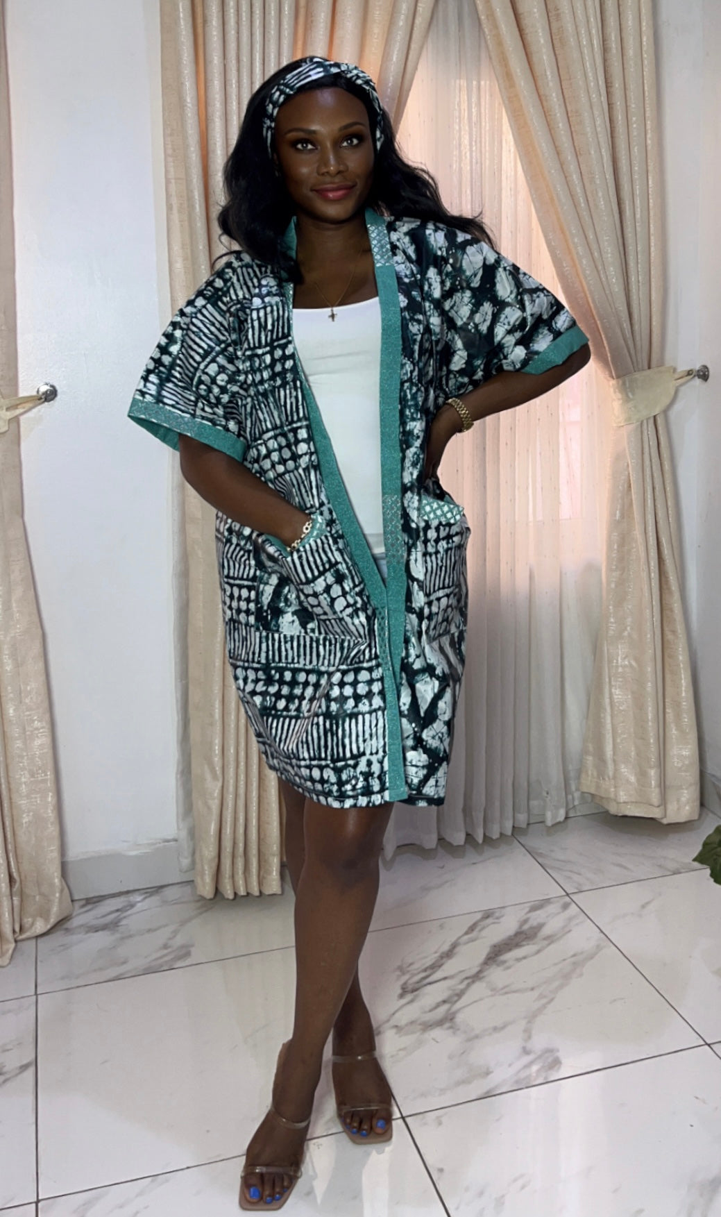 African Print Adire & Silk Aso Oke Kimono Jacket in Jade  by Eldimaa Fashion