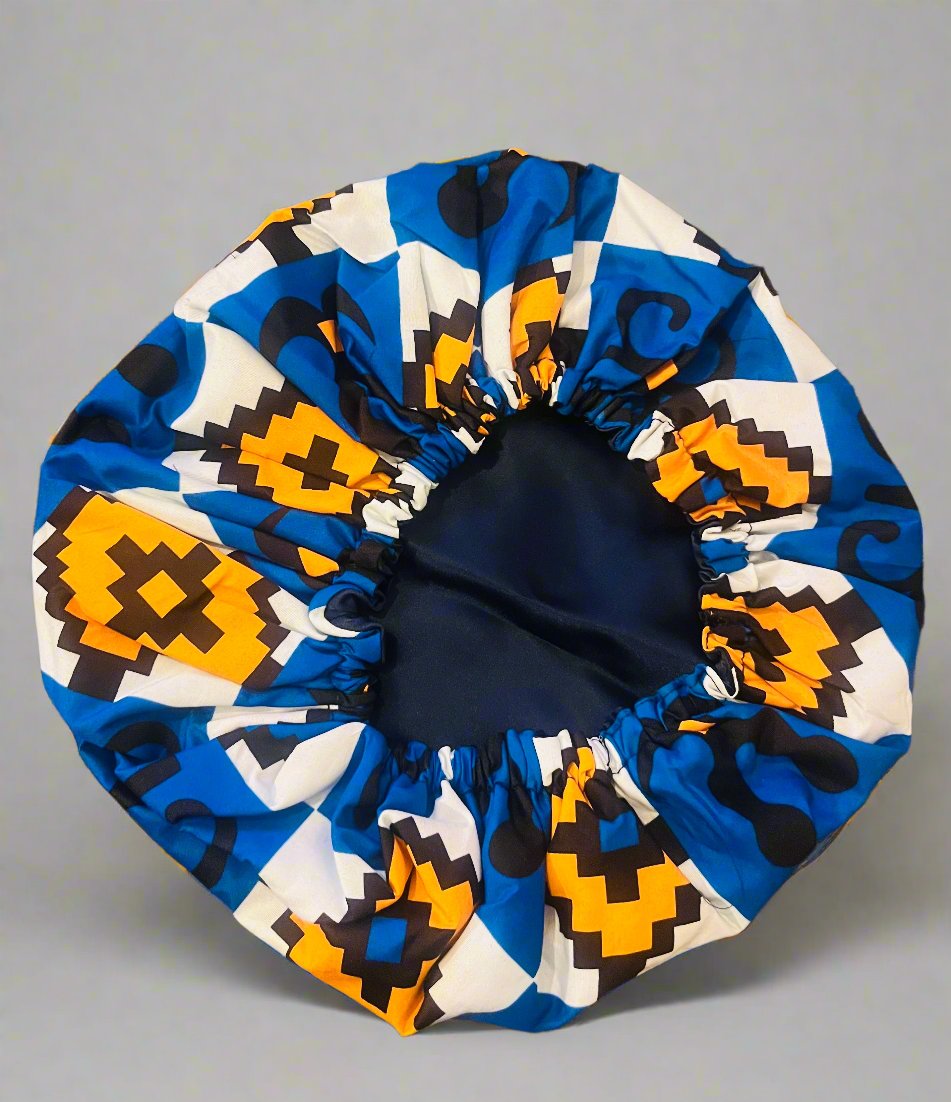 The Buki Ankara African Print Satin Sleeping Bonnet in Blue & Orange by Eldimaa Fashion