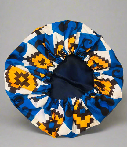 The Buki Ankara African Print Satin Sleeping Bonnet in Blue & Orange by Eldimaa Fashion