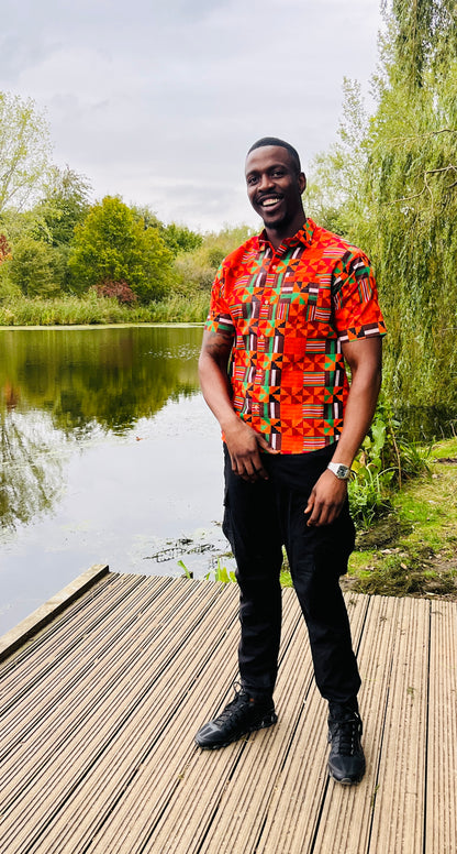 The Laolu Ankara African Print Men Shirt in Orange Kente