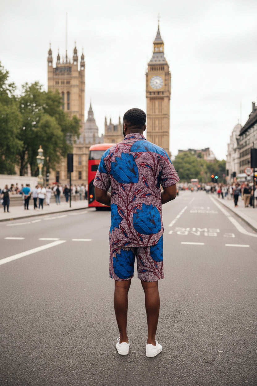 The Niran Men’s Ankara African Print Shirt and Shorts 2 Piece in Blue