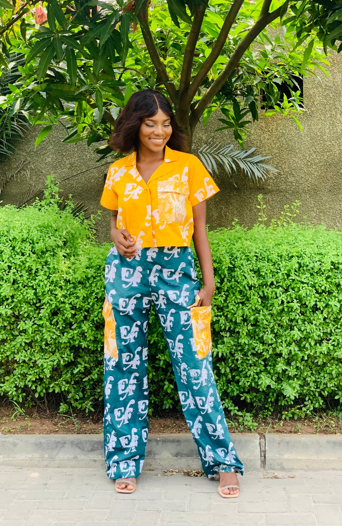 EF Exclusive Adire Print 2 Piece Crop Shirt & Cargo Pants Trousers