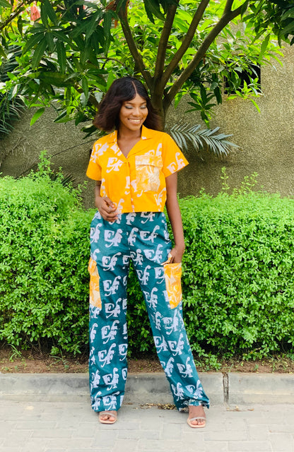 EF Exclusive Adire Print 2 Piece Crop Shirt & Cargo Pants Trousers