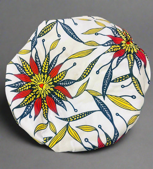The Buki Ankara African Print Satin Sleeping Bonnet in White by Eldimaa Fashion