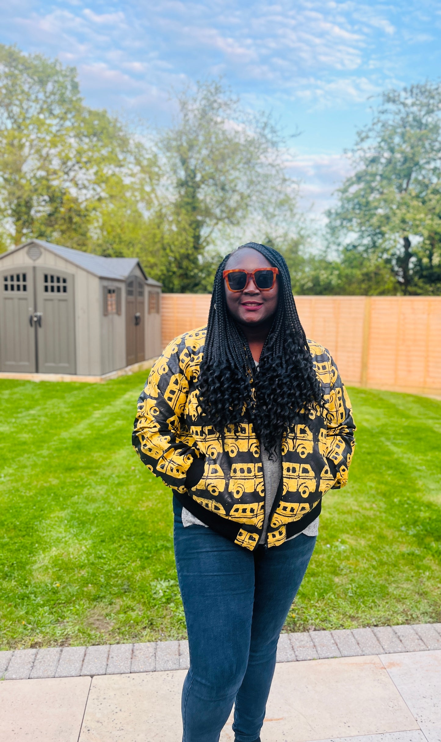 Lagos Danfo Bus Ankara African Print Bomber Jacket in Yellow and Black by Eldimaa Fashion