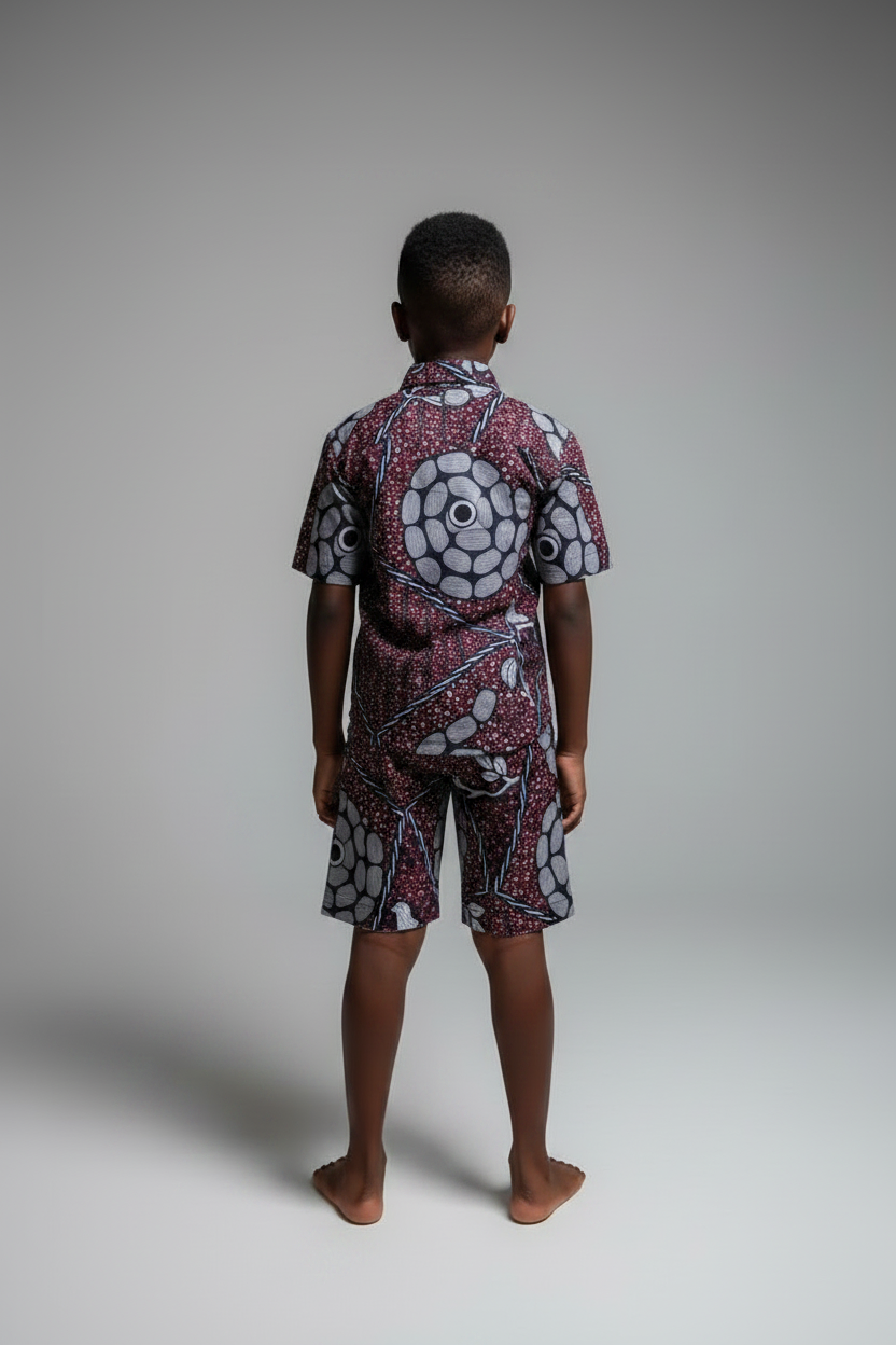 The Edet Boys Ankara African Print Shirt and Shorts 2 Piece in Burgundy