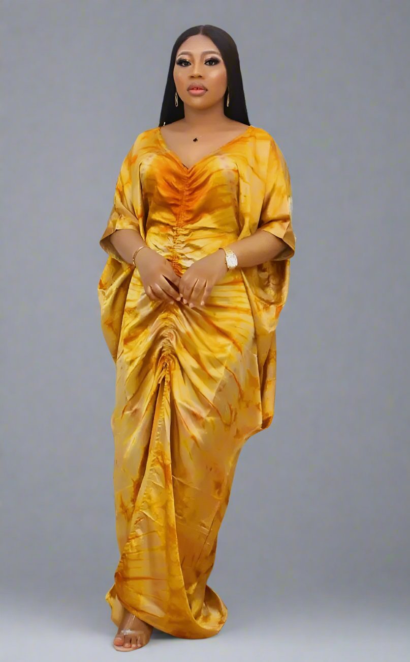 Yellow Adire Silk Tie-dye Bubu Dress Rich Aunty Vibes by Eldimaa Fashion