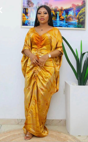Yellow Adire Silk Tie-dye Bubu Dress Rich Aunty Vibes by Eldimaa Fashion