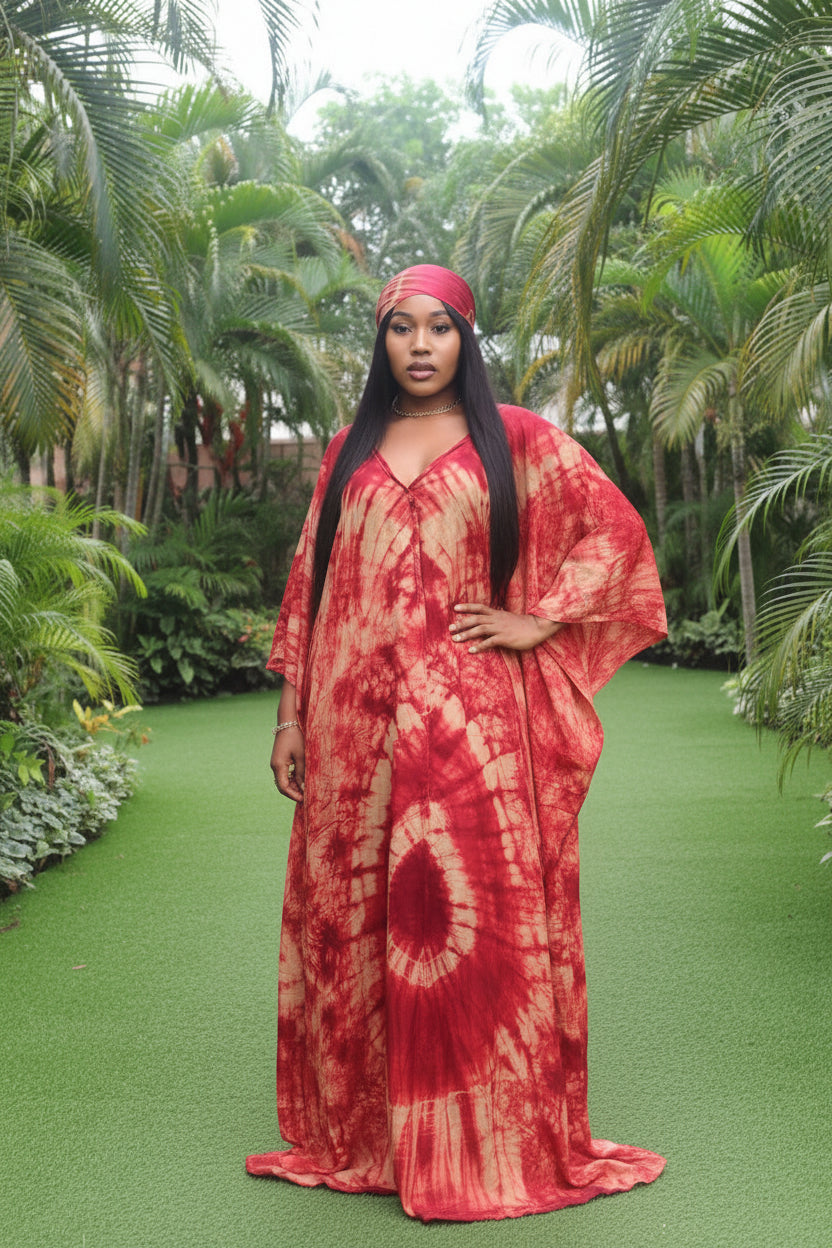Red Adire Silk Tie-dye Bubu Dress Rich Aunty Vibes by Eldimaa Fashion