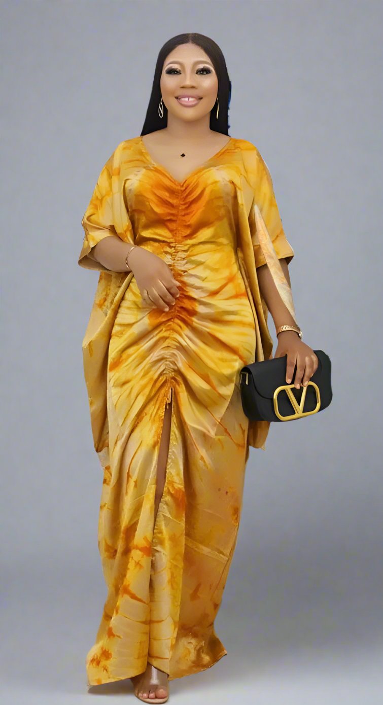 Yellow Adire Silk Tie-dye Bubu Dress Rich Aunty Vibes by Eldimaa Fashion