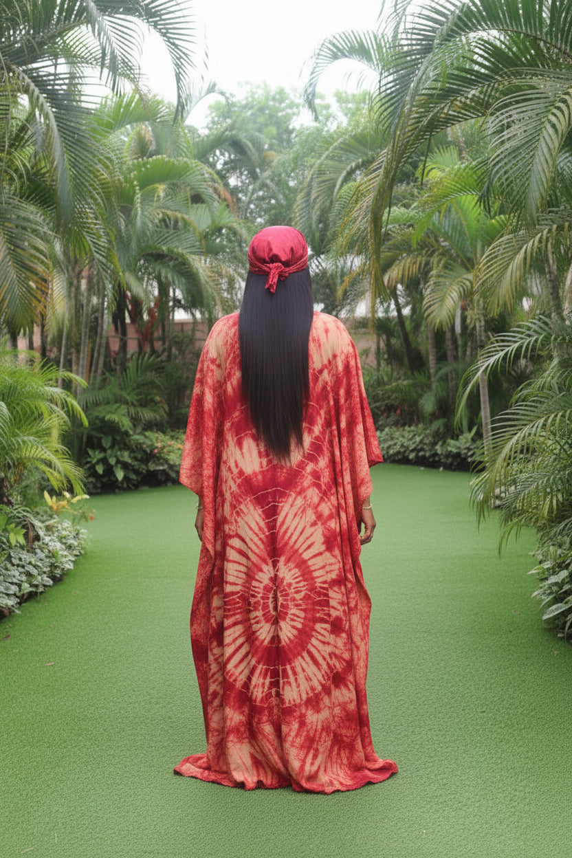 Red Adire Silk Tie-dye Bubu Dress Rich Aunty Vibes by Eldimaa Fashion