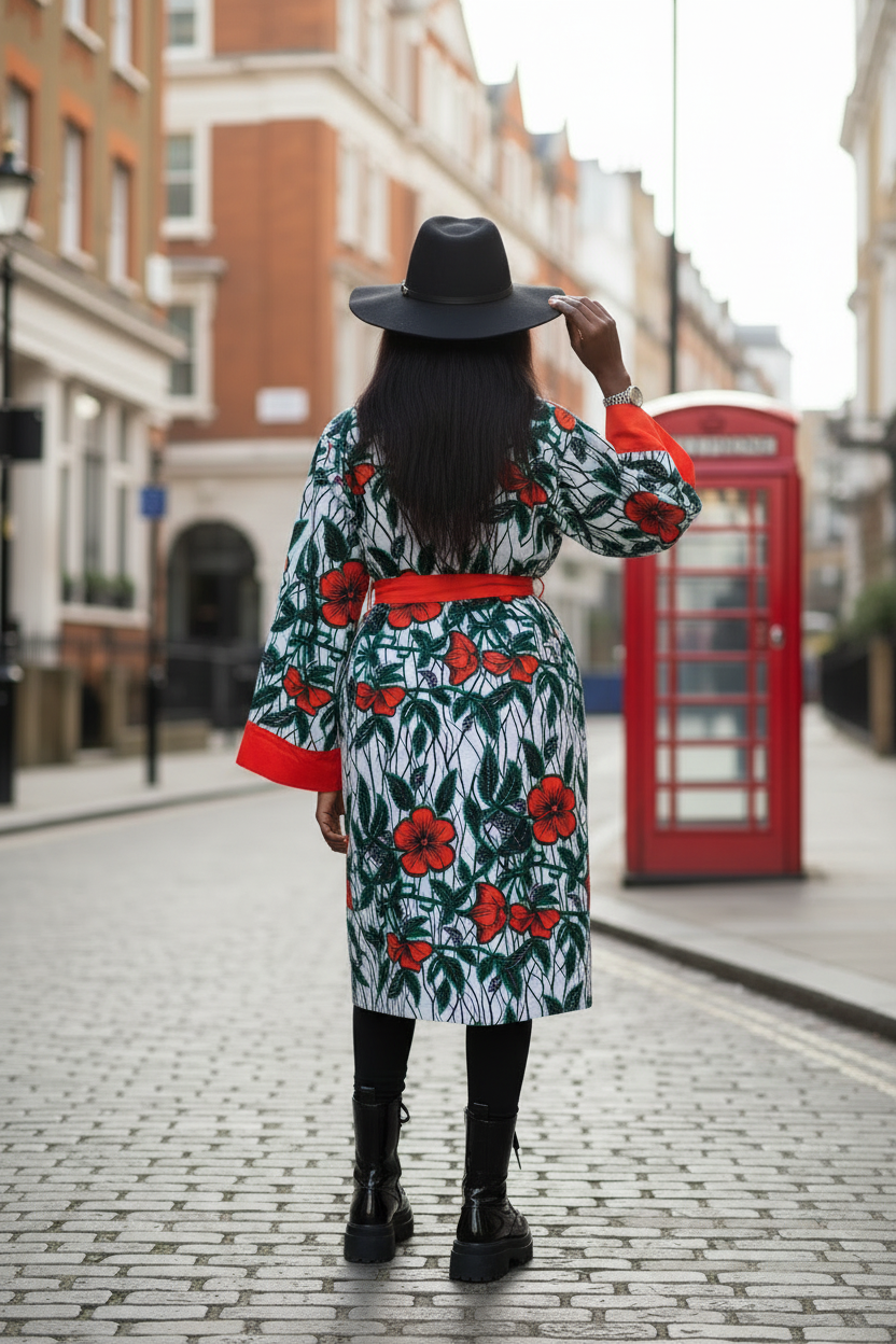 The Zarina Ankara African Print Kimono Jacket Coat in Burnt Orange