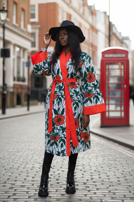 The Zarina Ankara African Print Kimono Jacket Coat in Burnt Orange