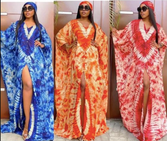 Kimono V Neck Adire Silk Tie-dye Bubu Dress Rich Aunty Vibes by Eldimaa Fashion
