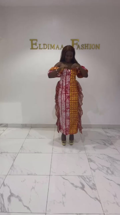 Ibeji Sexy Off-Shoulder African Print Kampala Cleavage Dress with Side Frills by Eldimaa Fashion