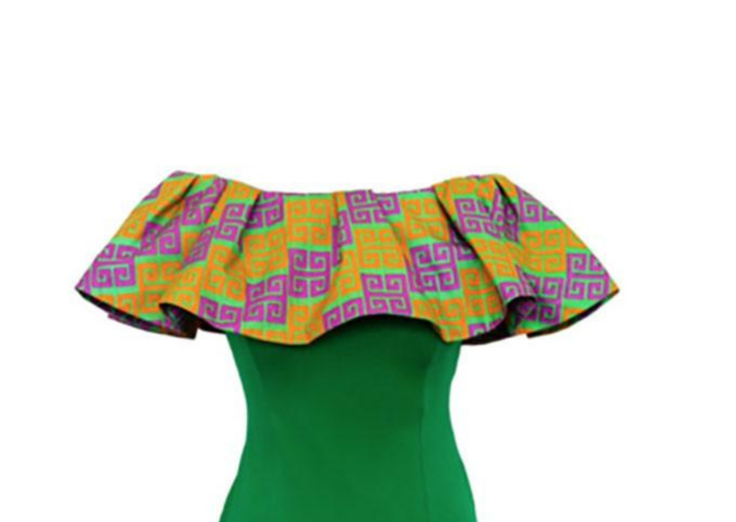 A green bodycon dress, The Dami contours to your body, the midi length making it perfect for wearing as a casual or smart outfit. The Bardot dress is made up of the green bodycon bottom layer and a yellow and pink African print top piece to make a super stylish off shoulder dress.