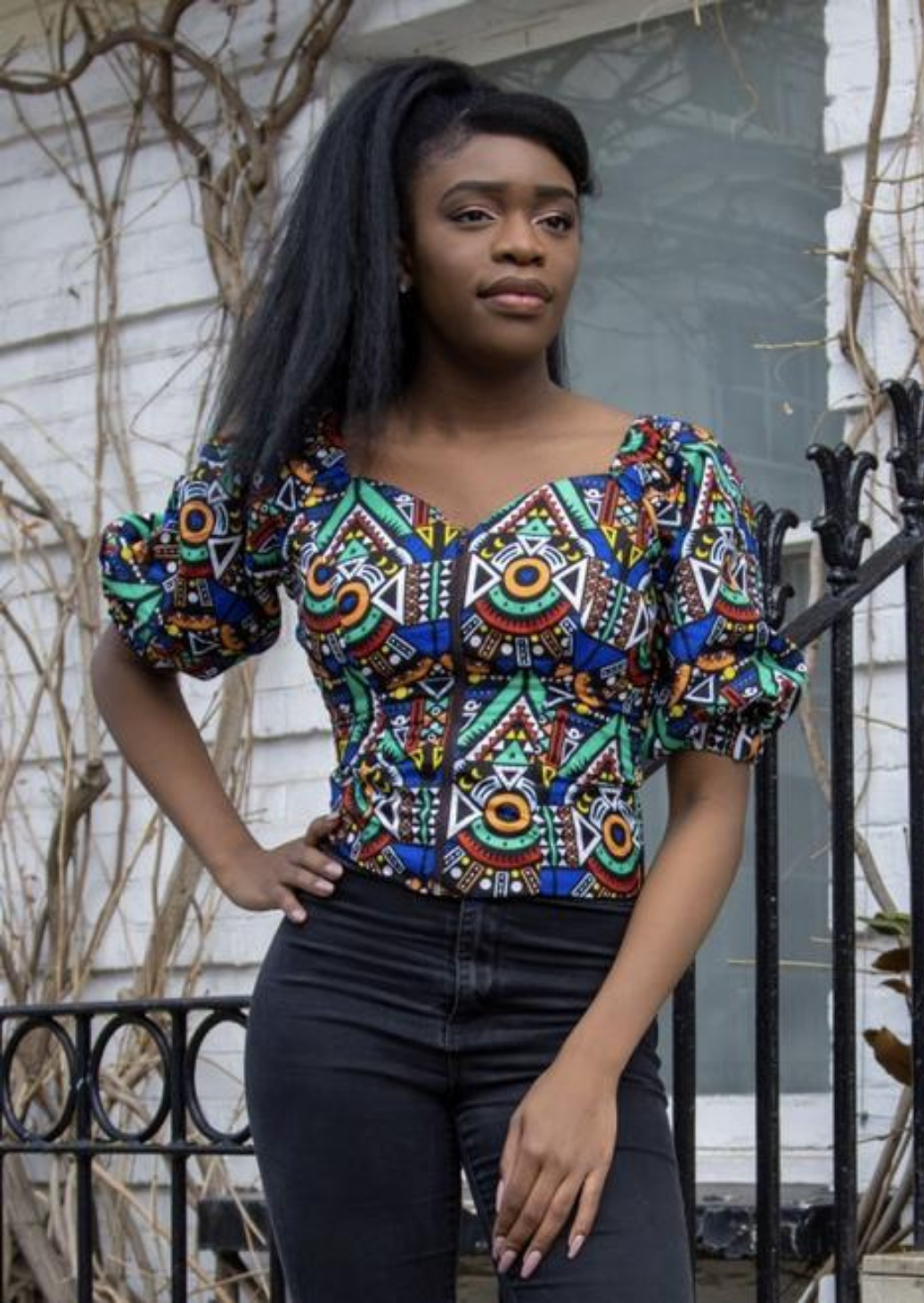 A blue off shoulder top, The Bola, with its striking African print brings a unique Ankara style blue bardot top to your wardrobe. The African print top with bardot neckline is the perfect long sleeve summer top, transcending seasons to provide you with an off shoulder blouse for all year round.