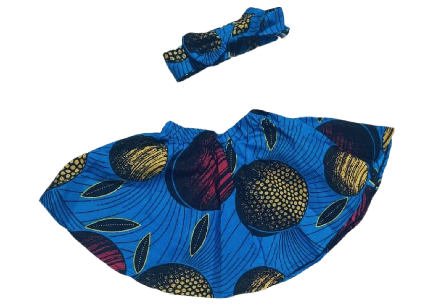 Blue African print a-line skirt for girls, with pink and yellow patterning.