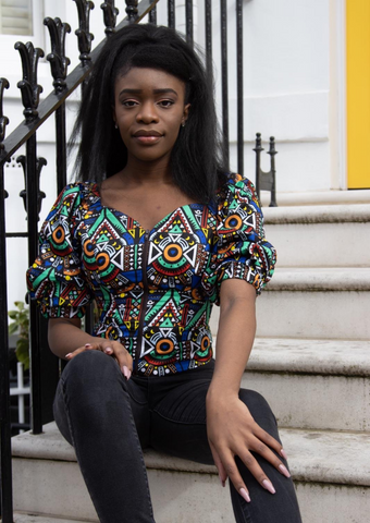 A blue off shoulder top, The Bola, with its striking African print brings a unique Ankara style blue bardot top to your wardrobe. The African print top with bardot neckline is the perfect long sleeve summer top, transcending seasons to provide you with an off shoulder blouse for all year round.