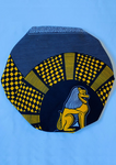 With bold tones of blue and yellow this African print bonnet with satin lining is the perfect statement piece.